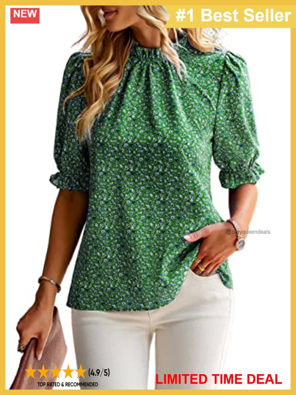 Women's Boho Floral Ruffle Mock Neck Puff Short Sleeve Blouse